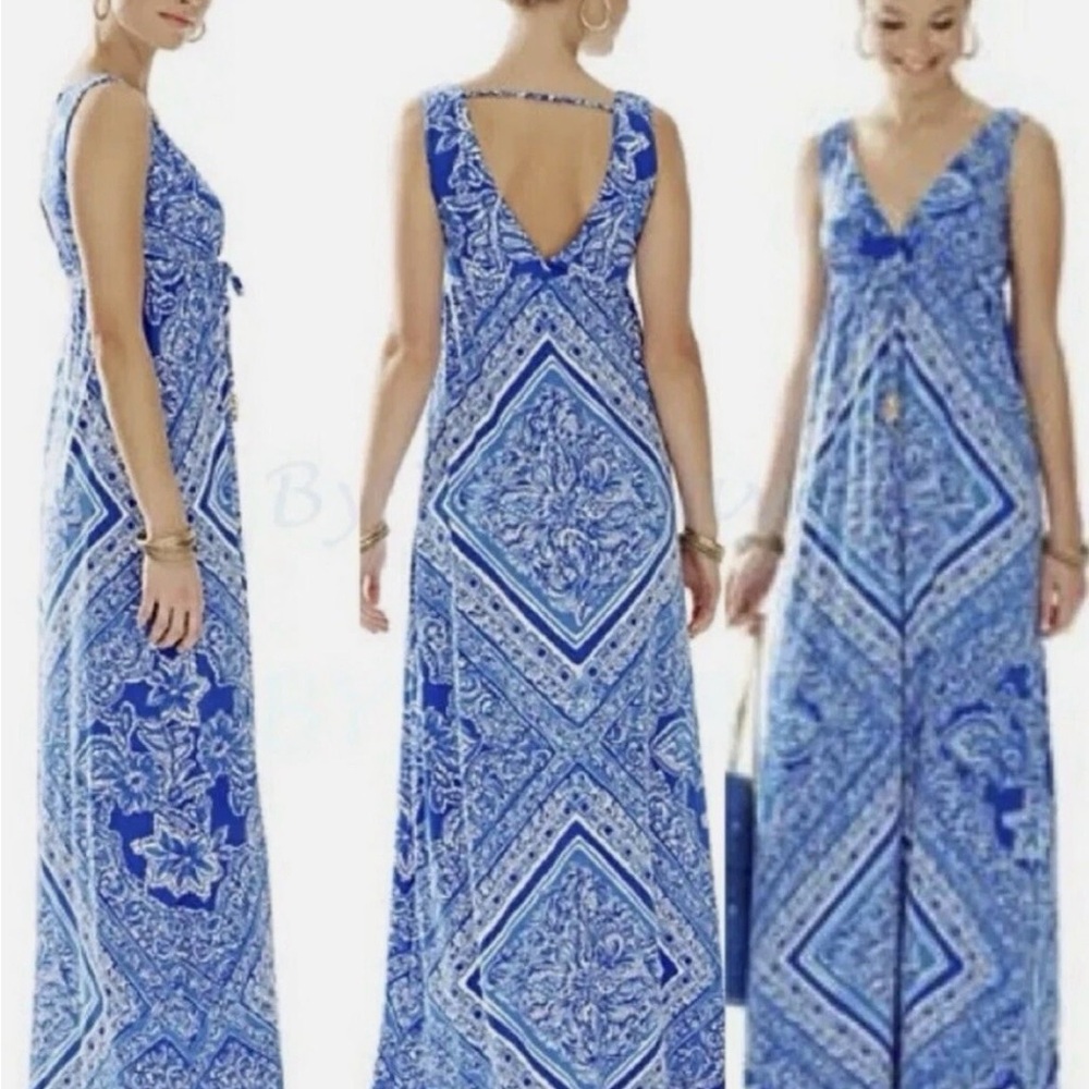 $258 Lilly Pulitzer Miraflora Blue Crush Open Water Engineered Maxi Dress sz L - Picture 2 of 7